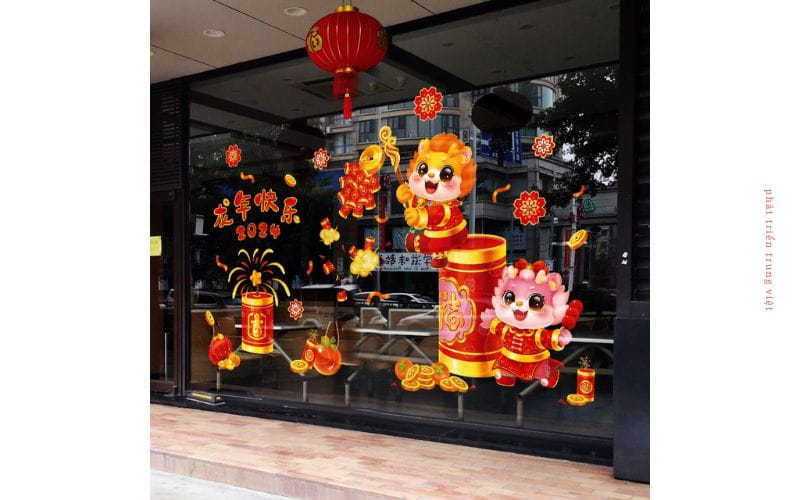 Decal Tết trang trí cửa kính to dành cho showroom 